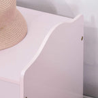 Pink wooden toy box end panel with decorative curved side and safety screw hardware.