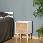 White nightstand with two natural wood drawers and light pine legs
