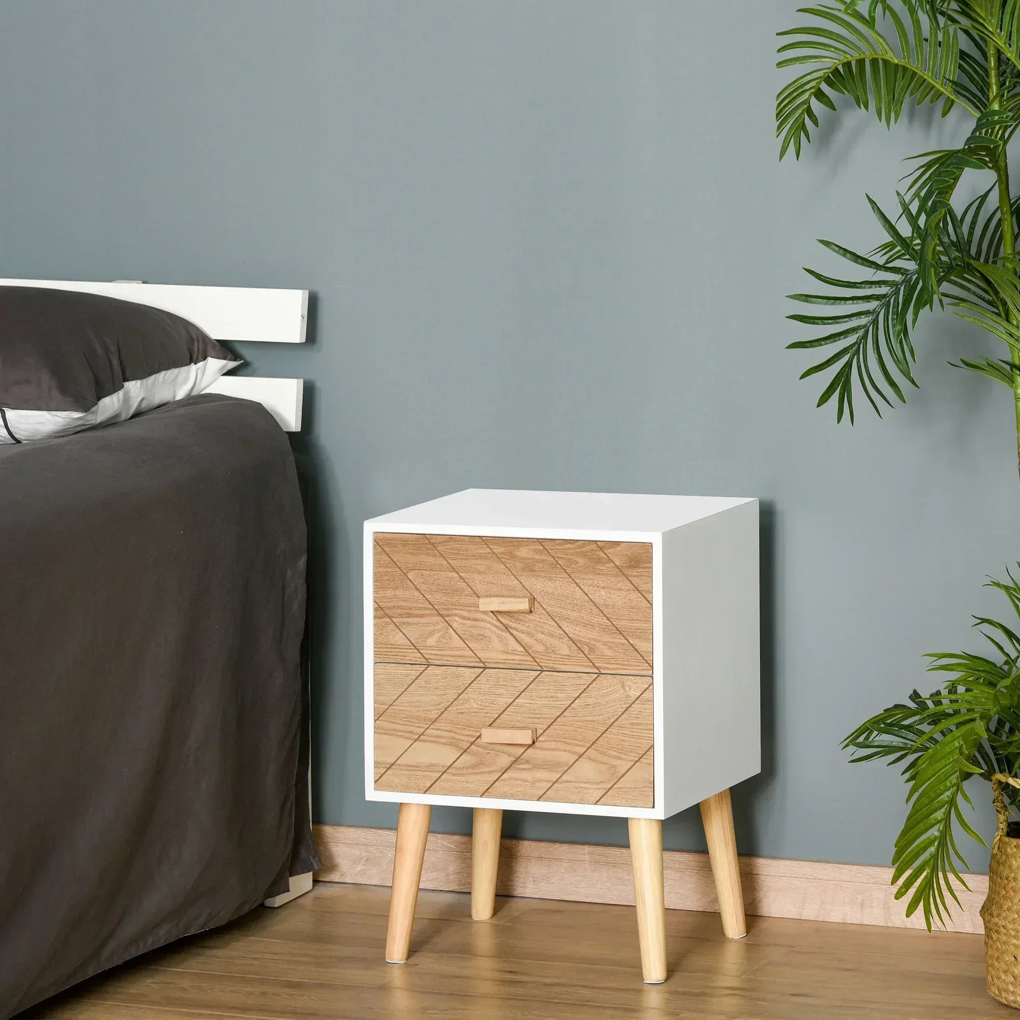 2 Drawers Bedside Table with Pine Legs, Bedroom Wooden Storage Cabinet, Natural - Bobobiy