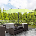 Lime green double-side umbrella parasol with black center pole and large canopy