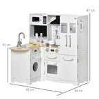 White fold-out kids play kitchen set with sink, oven door, and range hood