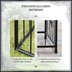 Black metal garden arbor arch with double doors, installation methods infographic displayed