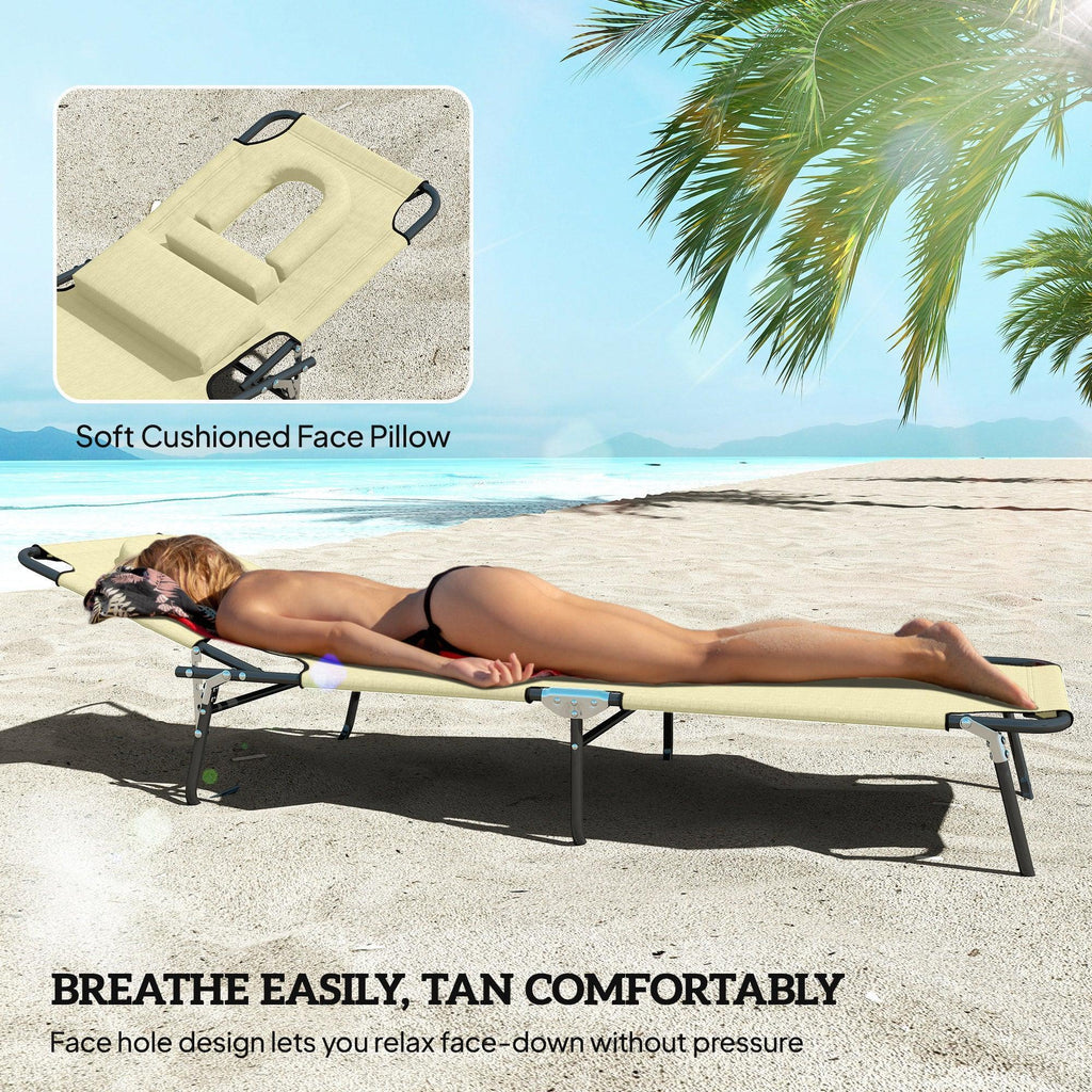 Folding Sun Loungers Set of 2 with Face Hole, 4-Position Adjustable Backrest Garden Recliner Chairs Sunbeds, Outdoor Lounge Chairs with 600 D Oxford Cloth Seat, Pillow for Beach, Beige - Bobobiy