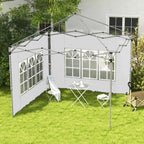 White gazebo side panels with window sections, attached to a pop-up frame in a yard