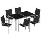 Outdoor dining set with square tempered glass table and black mesh armchairs