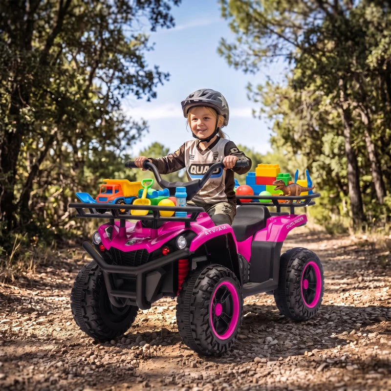 Pink kids electric quad bike with front grille lights and rugged four-wheel tires