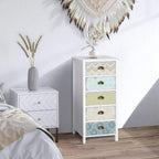 White 5-drawer bedside cabinet with colorful patterned fronts and bronze handles
