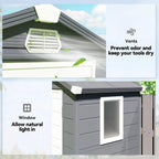 Grey wall shed roof vent and side window with light interior view
