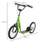 Green kids kick scooter with black handlebar, chunky tires, and kickstand