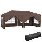 Brown pop-up gazebo with side panels and window sections; includes storage bag
