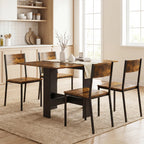 Rustic brown folding dining table with dark frame and four matching chairs