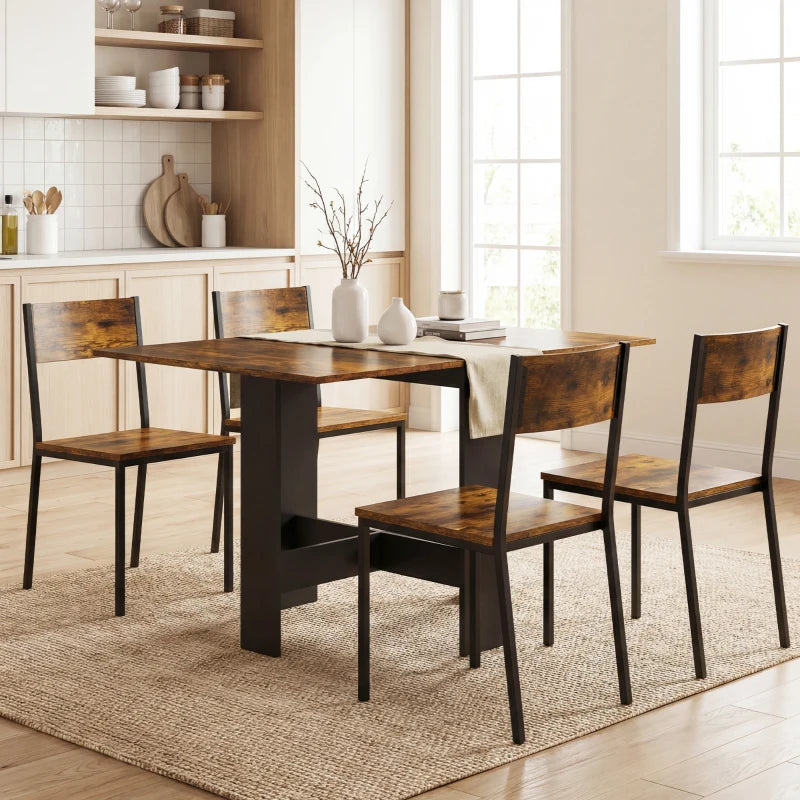 Rustic brown folding dining table with dark frame and four matching chairs