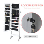 White lockable jewelry cabinet open with jewelry shelves and included keys
