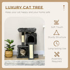 Black cat tree with plush perches, enclosed hideout, and sisal-wrapped scratching posts