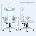 Light blue and white gaming chair with armrests, front and side views with size diagram.