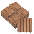 Brown solid wood interlocking deck tiles, stacked showing slat pattern and connector clips