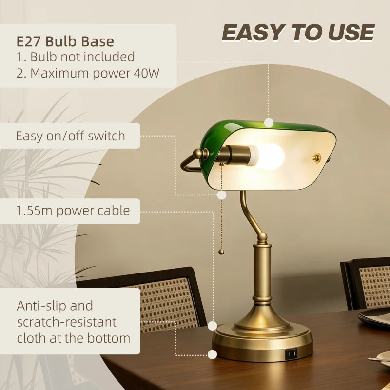 Green glass desk lamp with bronze base; pull-cord chain and E27 bulb socket
