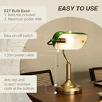 Green glass desk lamp with bronze base; pull-cord chain and E27 bulb socket
