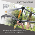 Grey pop-up gazebo frame with central button lock for one-person setup