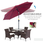Wine red tilting parasol umbrella with adjustable angle, ribbed canopy and black pole