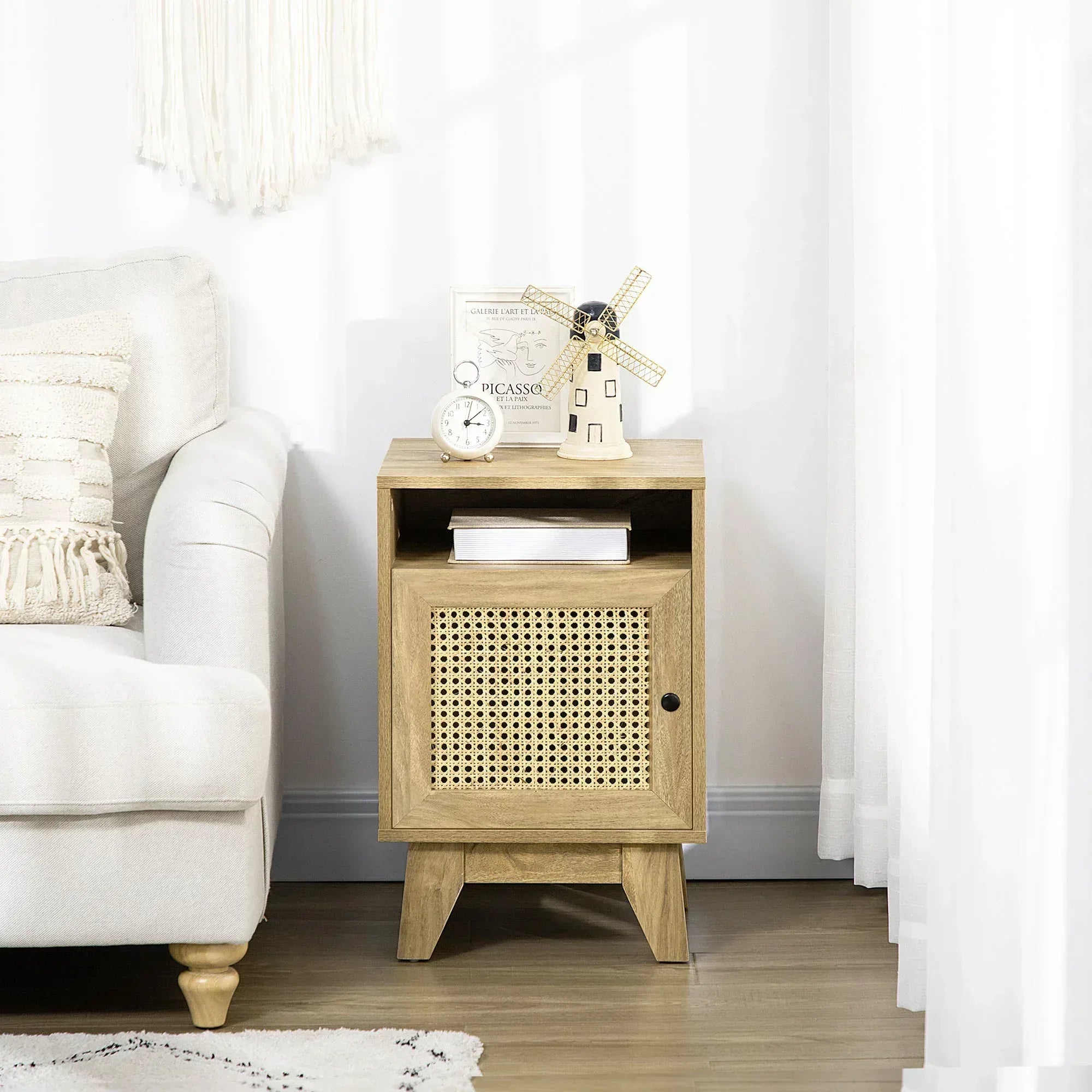 Narrow Rattan Nightstand, Side End Table with Shelf and Cupboard, 39cm x 35cm x 60cm, Natural - Bobobiy