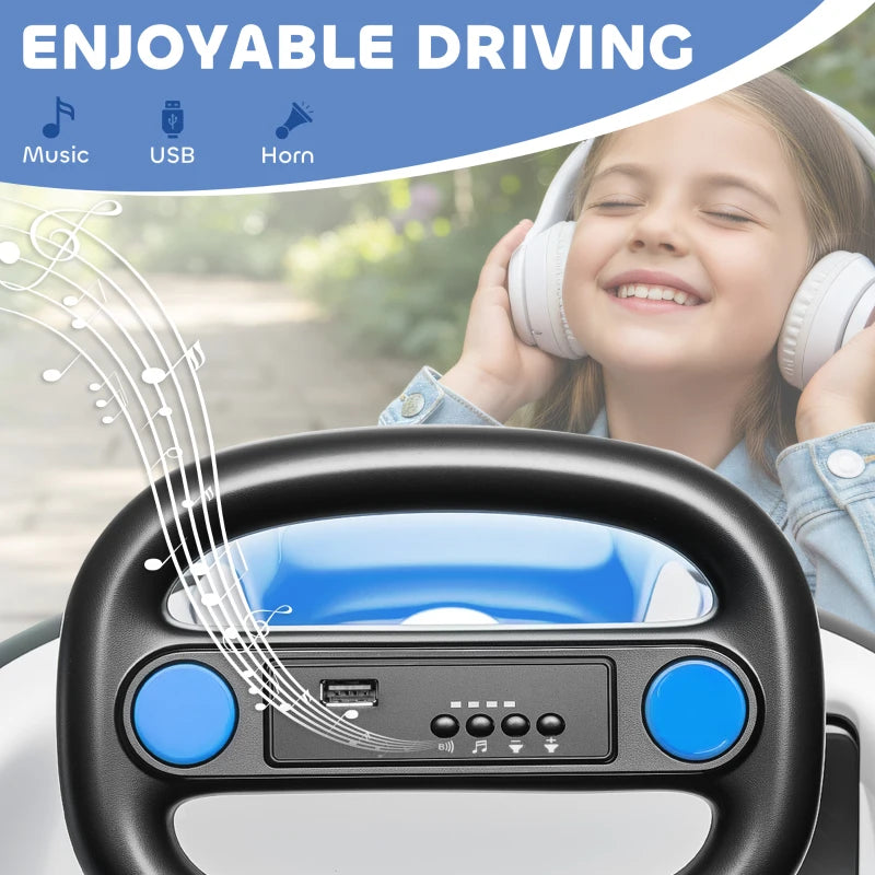 Blue and black kids bumper car steering dashboard with horn buttons and blue accents