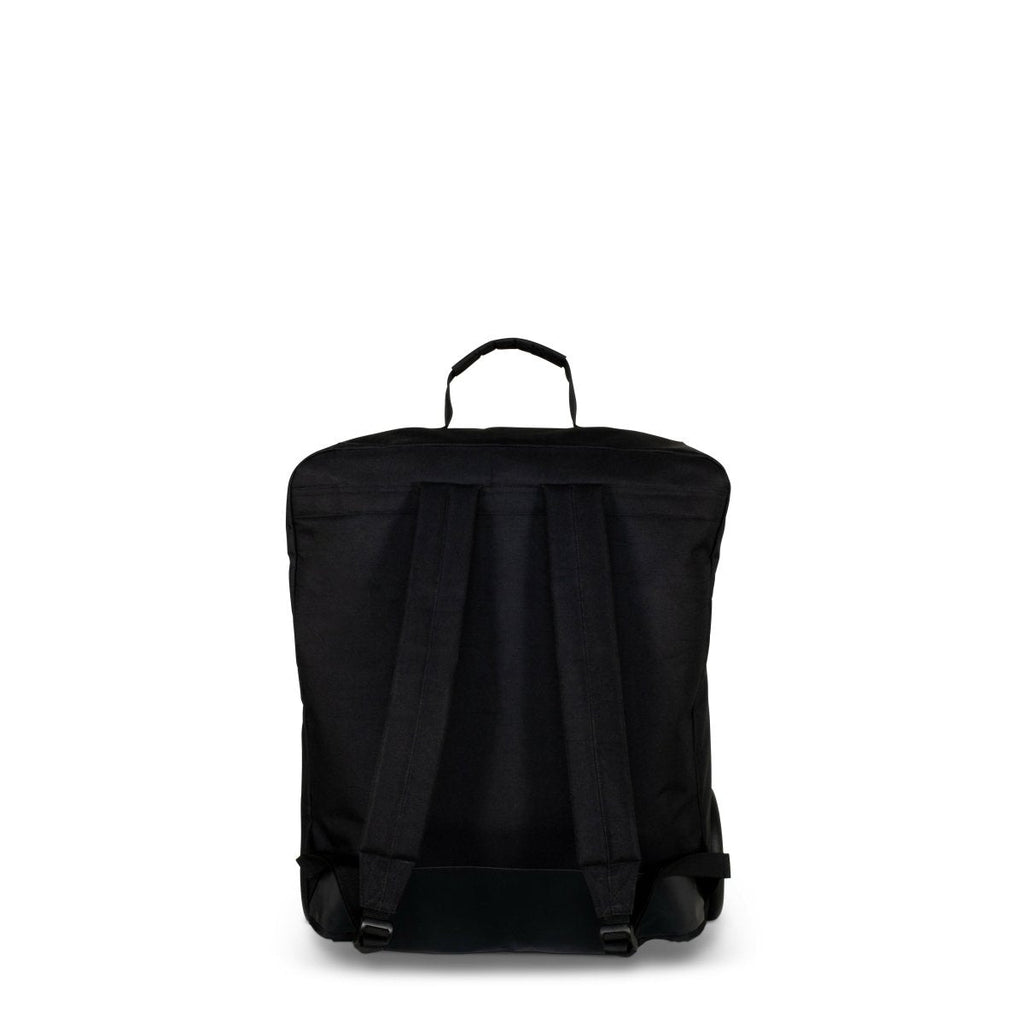 Black stroller bag with top handle, padded front straps, and lower buckles