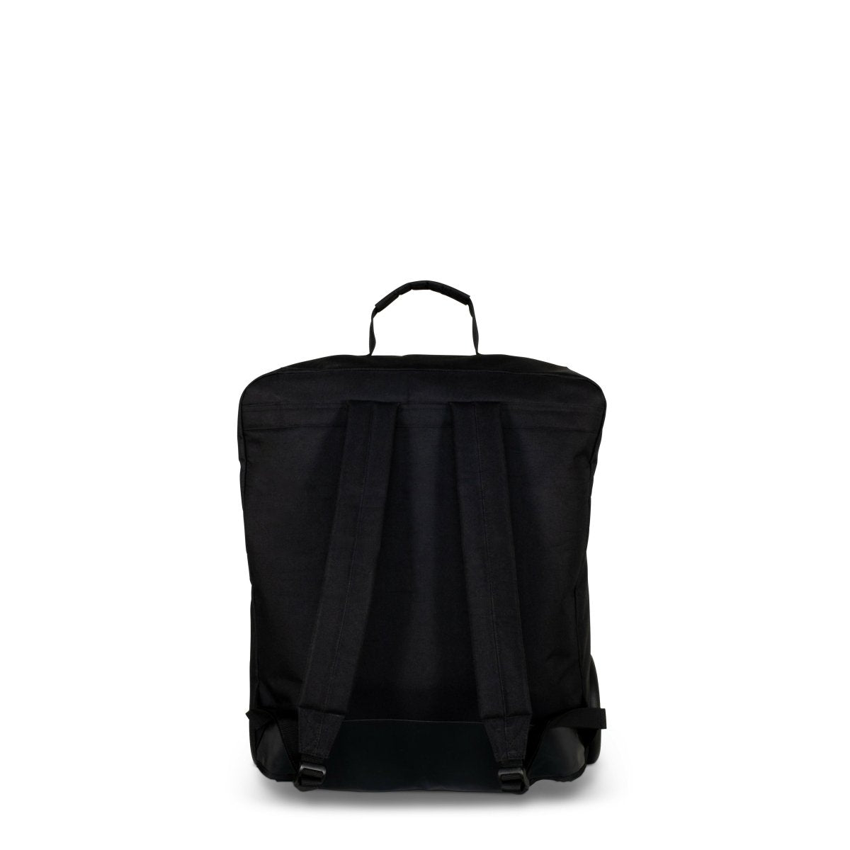 Black stroller bag with top handle, padded front straps, and lower buckles
