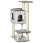 Grey cushioned cat tree with round cutout cubby, two perches, and sturdy base platform