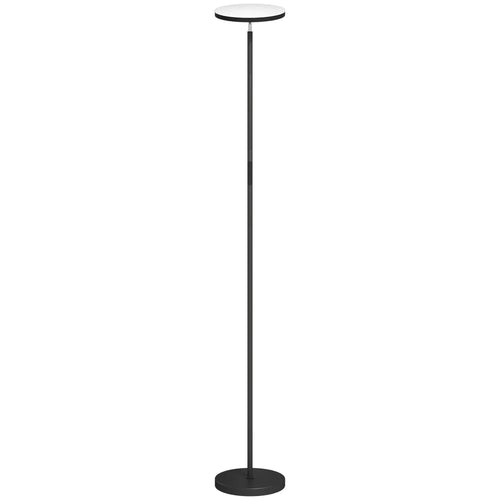 Black tall floor uplighter lamp with round base and flat top shade
