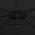 Underside of grey cantilever parasol showing cross-braced frame and central pole.