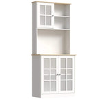 White freestanding kitchen cupboard with grid glass doors and open shelves