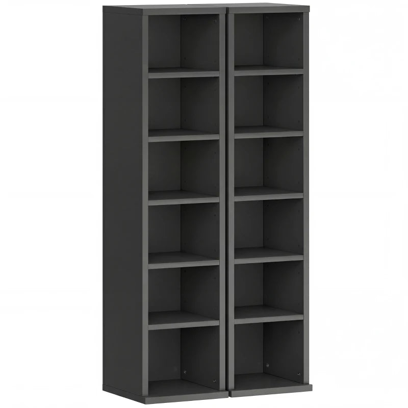 Black two-column media storage shelf tower with adjustable open compartments