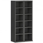 Black two-column media storage shelf tower with adjustable open compartments