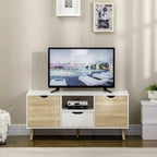 TV stand cabinet with two wood-effect doors and center drawer, natural finish.