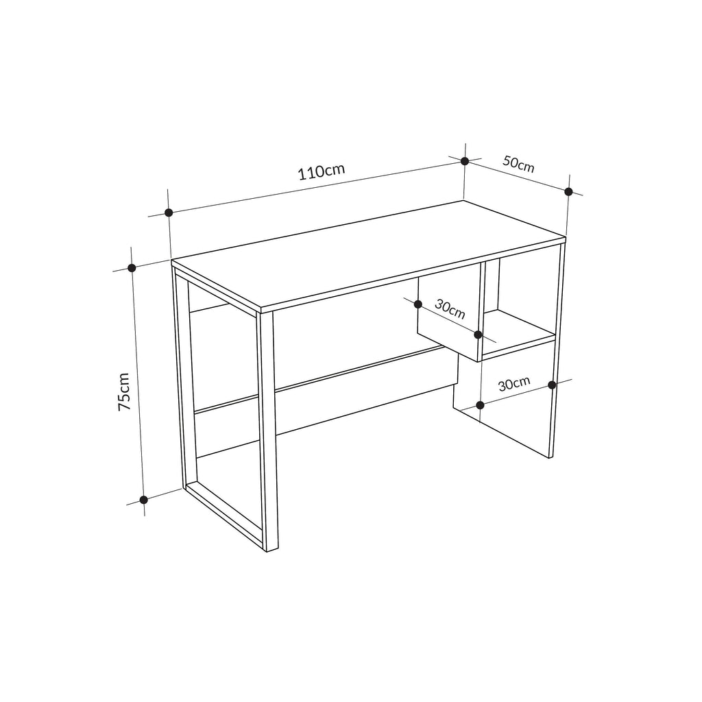 Working table technical view with oak top, black frame, and square shelf; 110cm x 75cm.