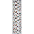 Off-white shaggy rug with multicolour square motif grid, full vertical view