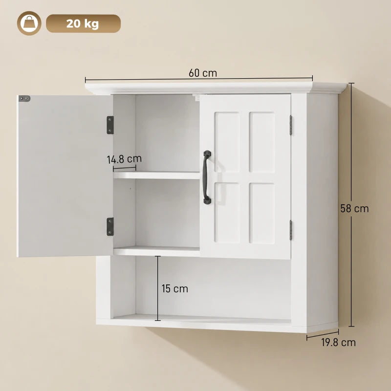White wall cabinet open, showing interior shelves and two-door layout