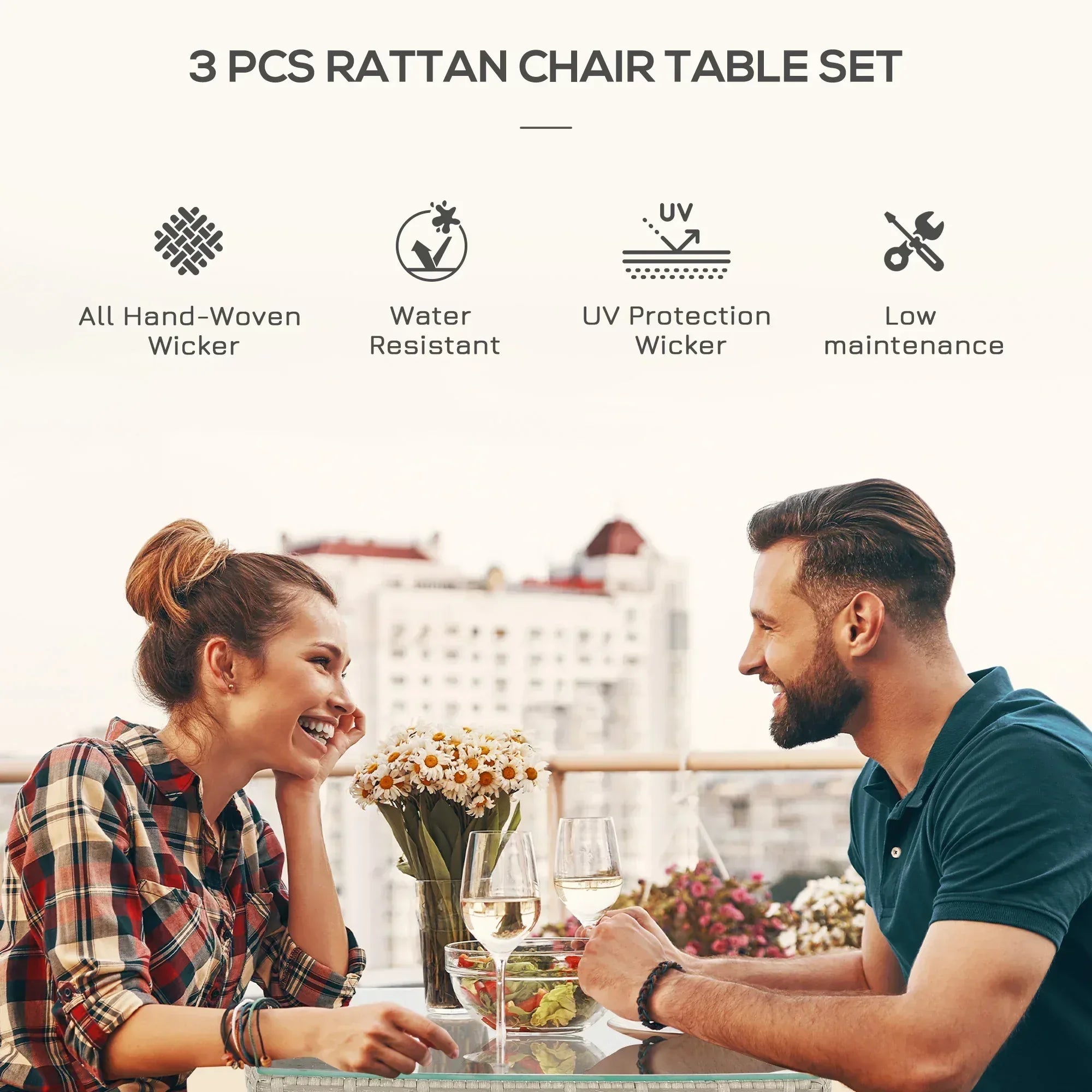 3 Pieces Rattan Bistro Set, Wicker Garden Furniture Set with 2-Tier Coffee Table and Chairs, Washable Cushions, for Outdoor Patio Balcony, Grey - Bobobiy