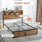 Sturdy rustic brown double bed frame with storage headboard shelves and black steel slats