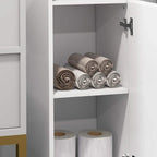 Open white bathroom cabinet shelf holding neatly folded towels