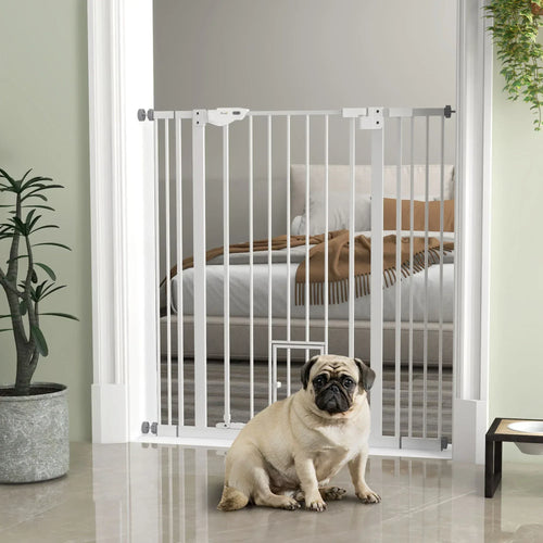 White extra-tall indoor pet safety gate with vertical bars, cat flap opening