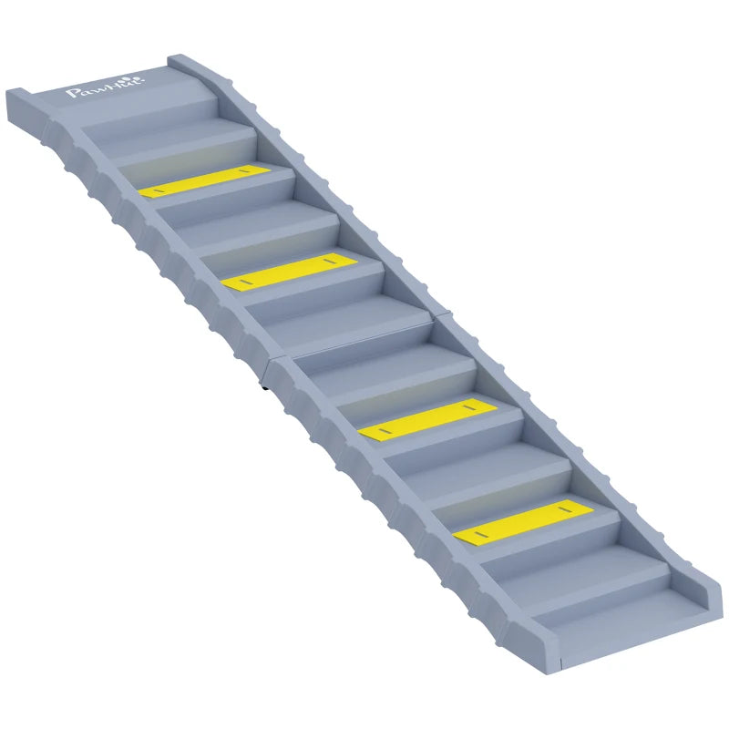 Grey dog car ramp with 10 step stairs and yellow anti-slip treads