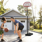 Portable basketball hoop stand with red rim, net, black pole, and wheeled base