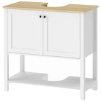 White under-sink bathroom cabinet with 2 doors, open shelf, and U-shaped cut-out