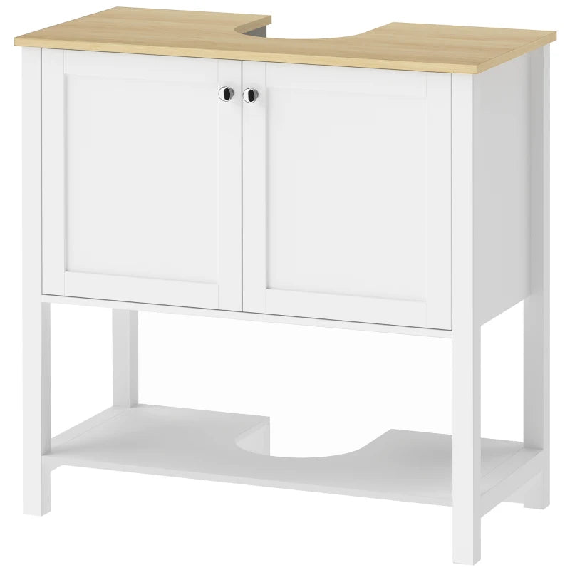 White under-sink bathroom cabinet with 2 doors, open shelf, and U-shaped cut-out