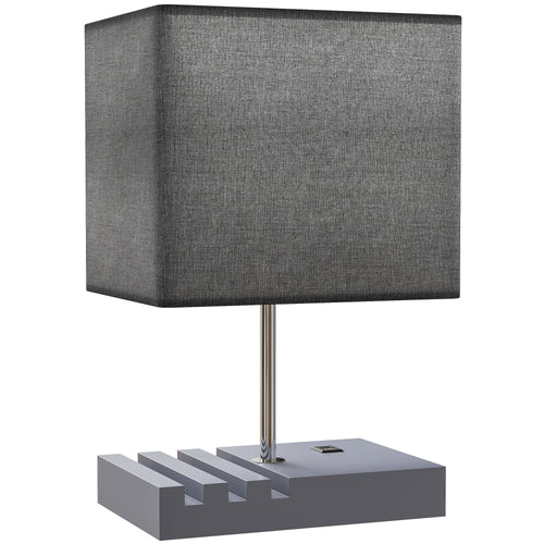 Grey table lamp with fabric shade and solid wood base