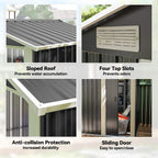Feature collage for grey metal shed: sloped roof, four-slot design, sliding door