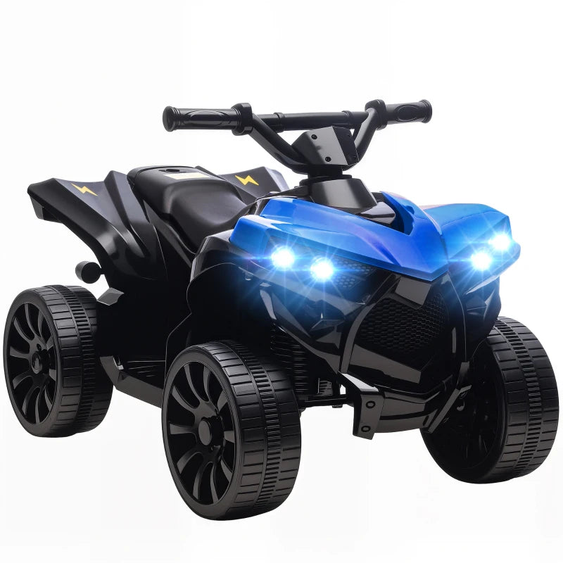 Blue kids electric ATV with bright LED headlights and chunky black wheels