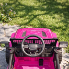 Pink ride-on car dashboard with steering wheel, front grid, and instrument panel